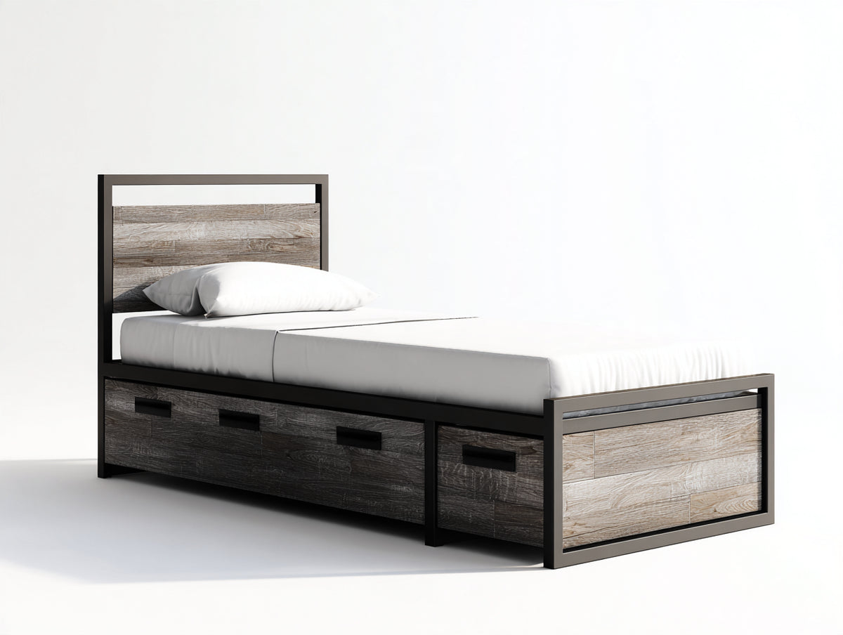 Letto singolo-Legno-Metallo-210x100x105 cm-Nero-Naturale-Design moderno