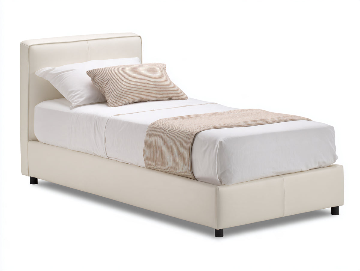 Letto singolo-Pelle-Legno-210x100x110 cm-Crema-Design moderno