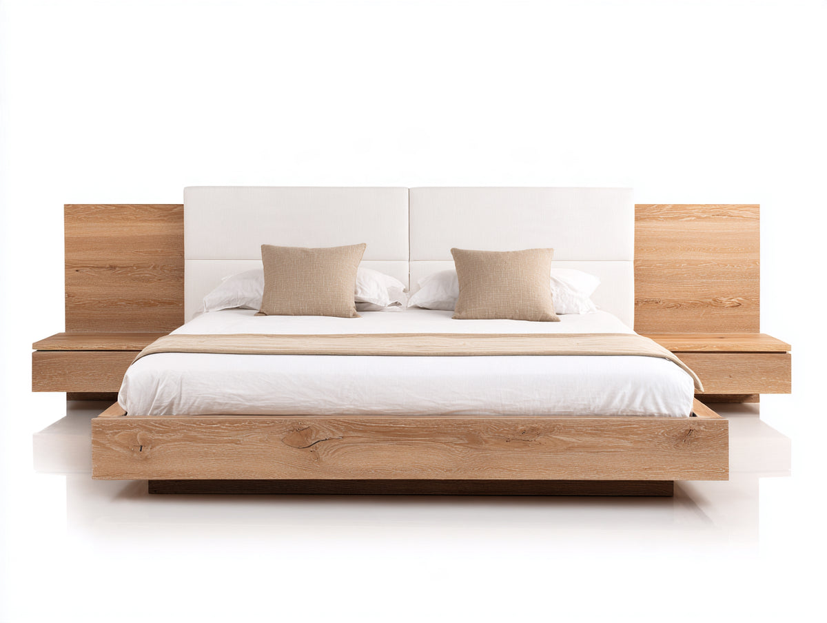 Letto matrimoniale-Legno-Tessuto-240x220x100 cm-Naturale-Beige-Design moderno