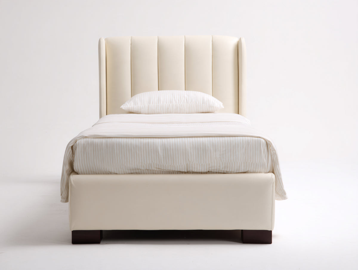 Letto singolo-Pelle-Legno-210x100x115 cm-Beige-Design moderno